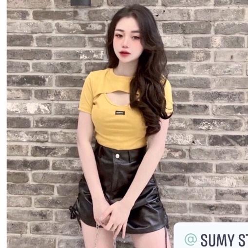 Áo kiểu dáng ôm khoét ngực nữ,áo thun ôm phối logo chữ trước ngựcchất bozip mềm mịn quỳnh trang shop