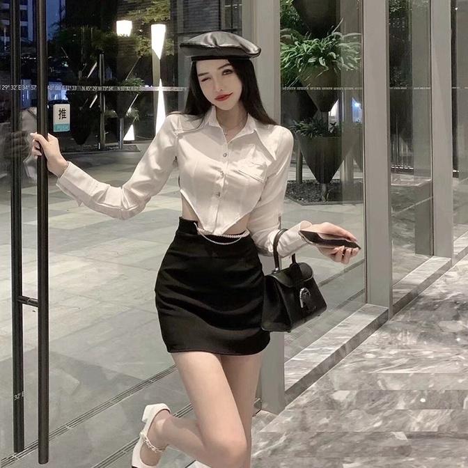 Áo sơ mi nữ khoét eo xinh xắn, áo crotop dài tay vạt nhọn SMVN23