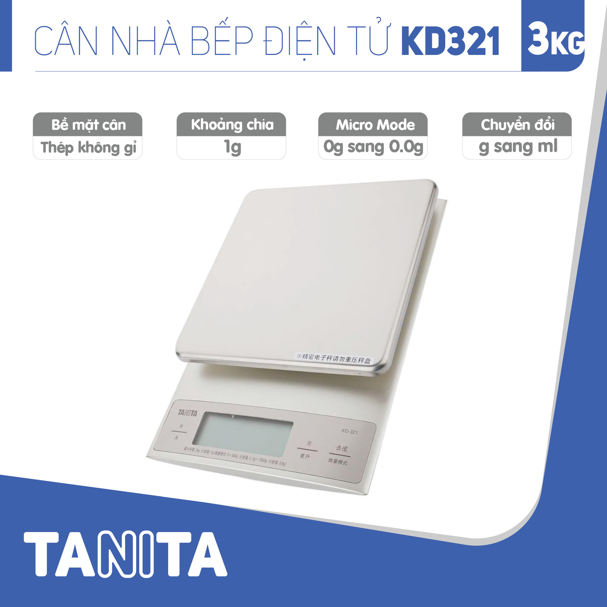 Cân điện tử nhà bếp TANITA KD321(3kg) (Chính hãng Nhật Bản), Cân nhà bếp 1kg, Cân nhà bếp 2kg, Cân nhà bếp 3kg, Cân nhà bếp độ chia 0.1g tối đa 200g, Cân Nhật, Cân trọng lượng, Cân chính hãng, Cân thực phẩm, Cân thức ăn, Cân tiểu ly điện tử, Cân chính xác