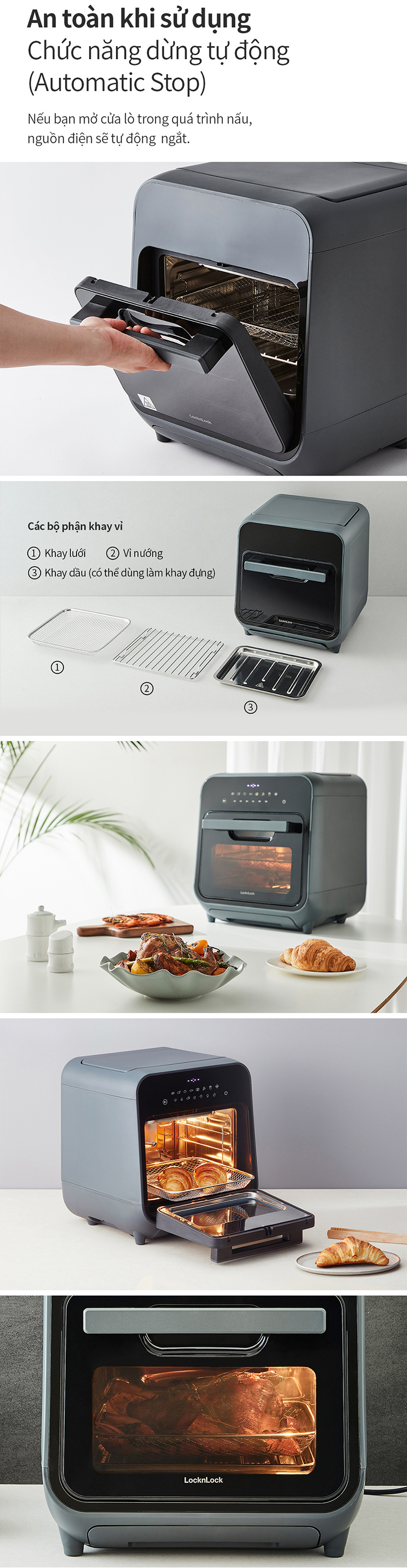 Lò nướng chân không kết hợp chức năng hấp Lock&Lock EJF693GRY Steam Air Fryer Oven - Hàng chính hãng