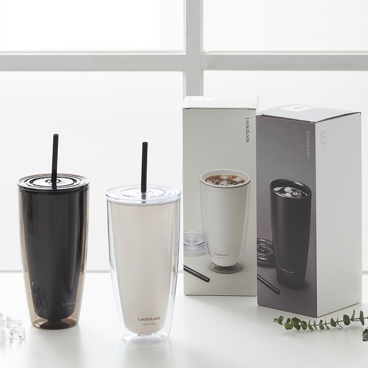 Ly nhựa 2 lớp Lock&amp;Lock màu trắng ngà HAP507IVY 750ml - Hàng chính hãng, có ống hút, có nắp đậy - JoyMall