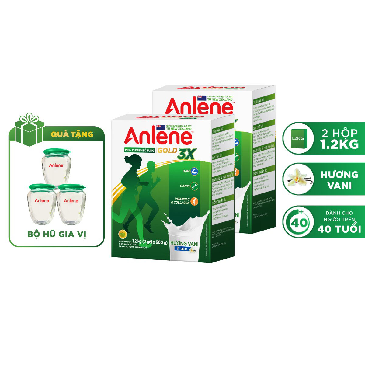 Combo 2 Sữa bột Anlene Gold 3X hương Vanilla (Hộp thiếc 800g) tặng 1 lon 400g
