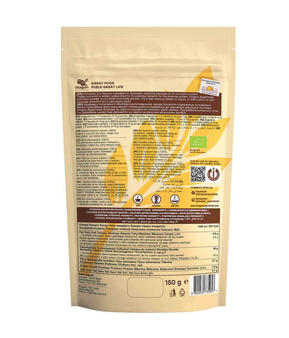 Bột nghệ hữu cơ Curcuma Dragon Superfoods Turmeric Powder 150g