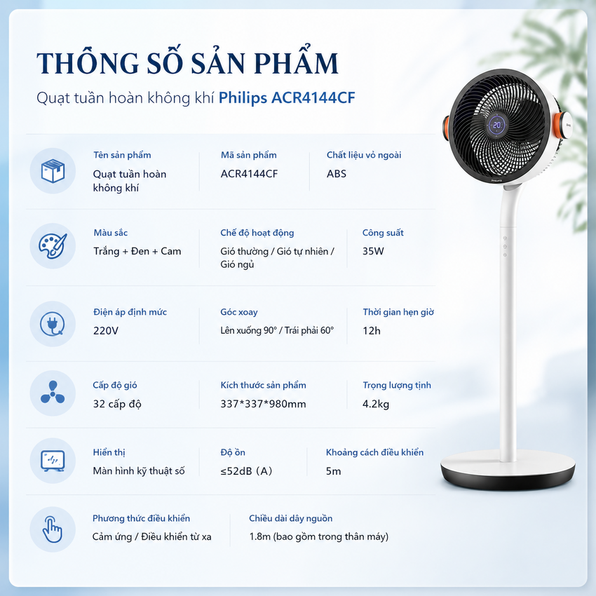 Philips ACR4144CF - Quạt Tuần Hoàn Không Khí Serial 4000, Động Cơ Biến Tần Inverter, Tiết Kiệm Điện, Hàng Nhập Khẩu.