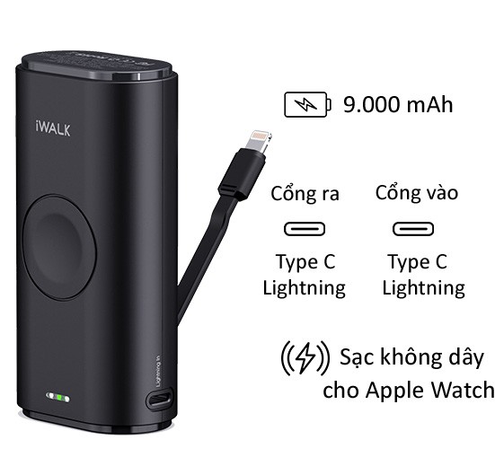 Pin sạc dự phòng iWalk Link Me Watch 9000mAh cổng sạc iPhone dành cho Apple Watch/iPhone/iPod - Hàng chính hãng