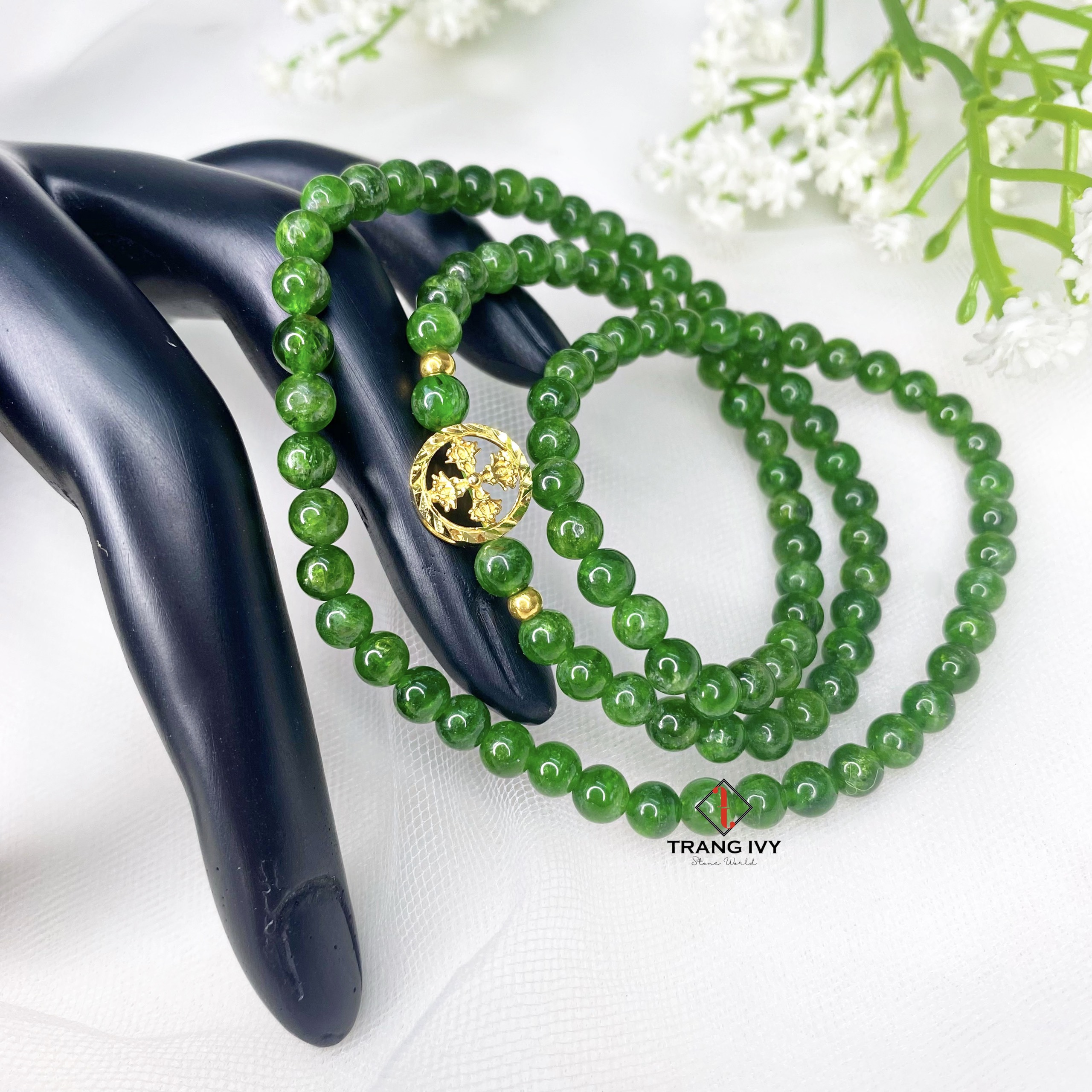 Vòng Tay Đá Diopside Mix Charm Pháp Luân Vàng