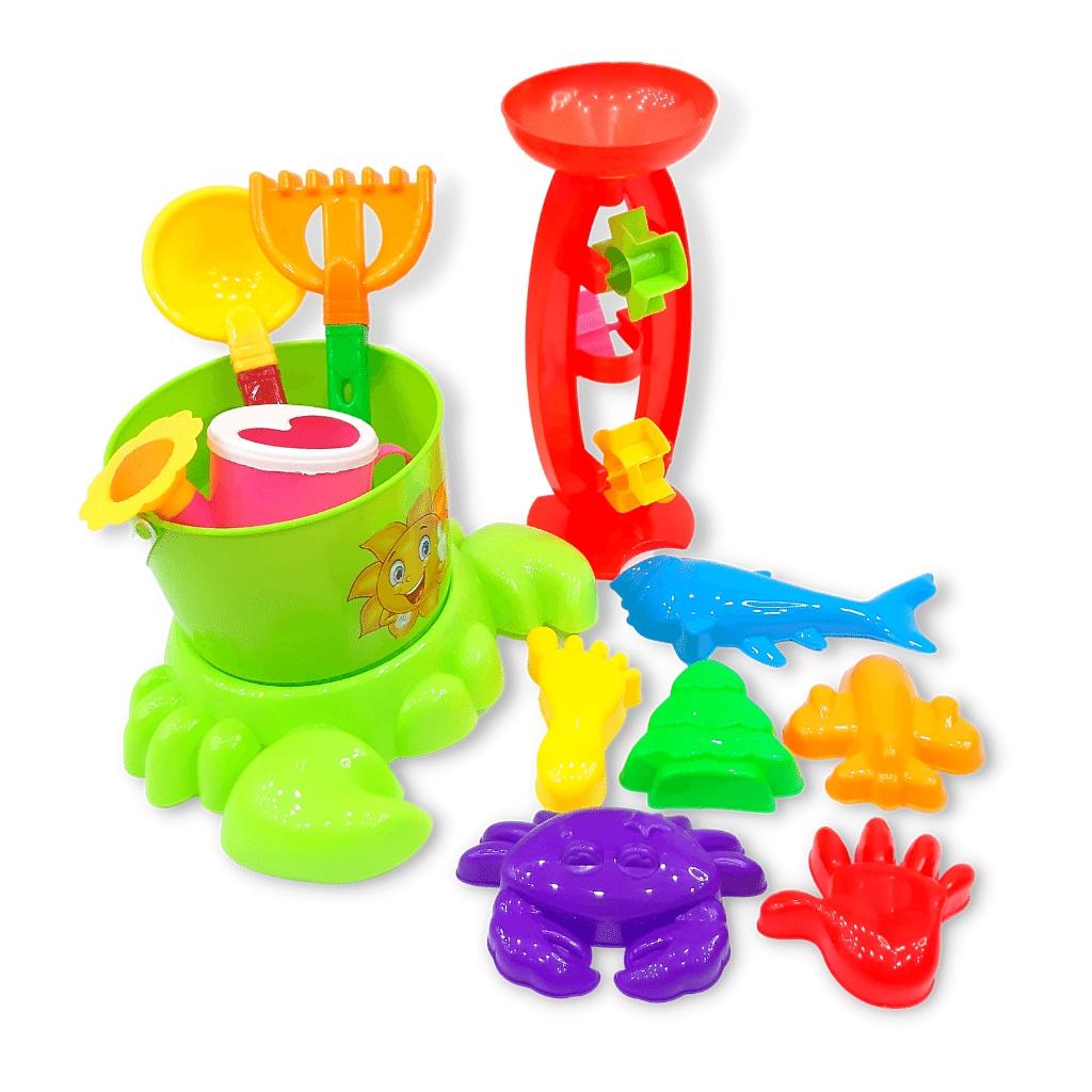 Xô đồ chơi đi biển chân cua HT7669, với 10 dụng cụ chơi kèm, vừa bắt mắt vừa đa dạng cách chơi cho bé