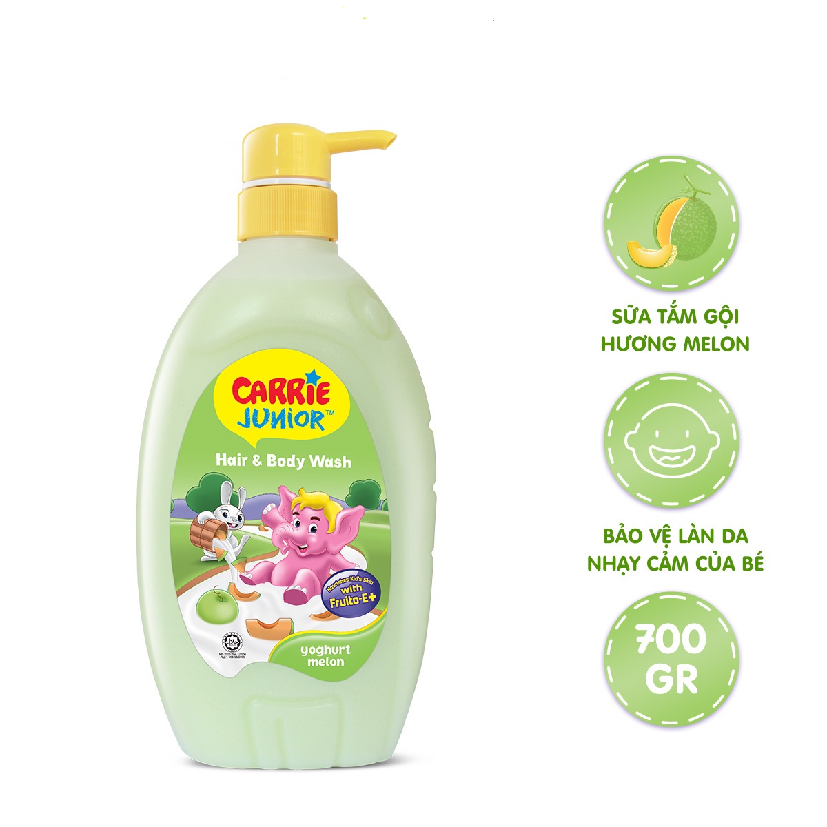 Chai Sữa Tắm Carrie Junior Yoghurt Hương Melon 700g + Voi Bông