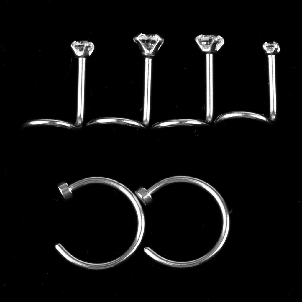 6Pcs Nose Lip Ring Stud Stainless Steel Crystal 20g Curved Helix Piercing
