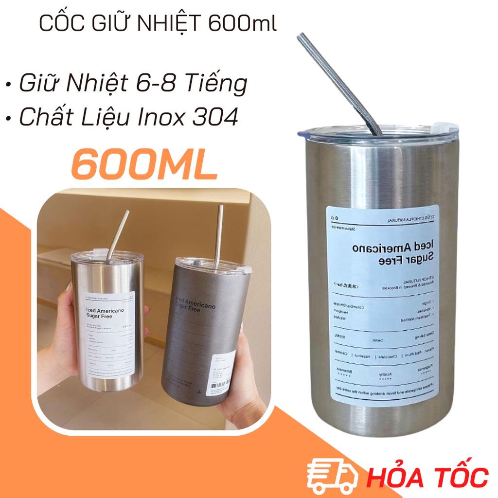 Cốc Giữ Nhiệt, Cốc Uống Nước Iced Americano Inox 304 Có Ống Hút Ly Uống Coffee 600ML Giữ Nhiệt 6-8 Tiếng