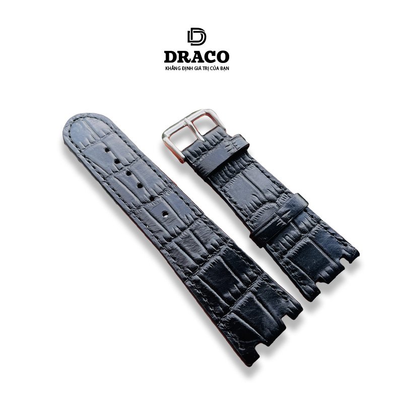 Dây da đòng hồ Draco DDDH05 màu đen - size 25 nam chấy liệu da bò thật cao cấp dập vân cá sấu