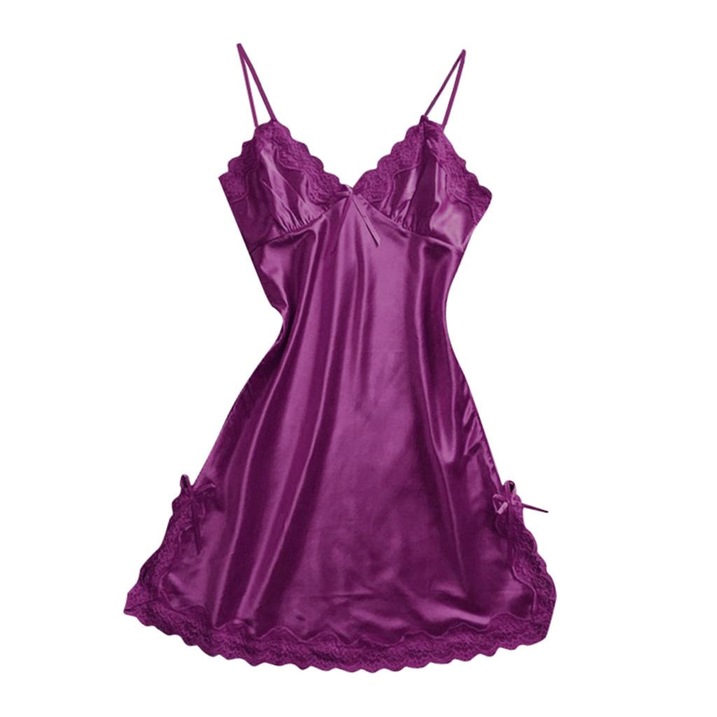 Womens Sexy Lingerie Sleepwear Satin Bowknot Lace Babydoll Cami Dress