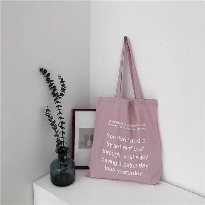 Túi Tote Túi Vải Canvas chữ Pink siêu đẹp phong cách Hàn Quốc có ngăn phụ