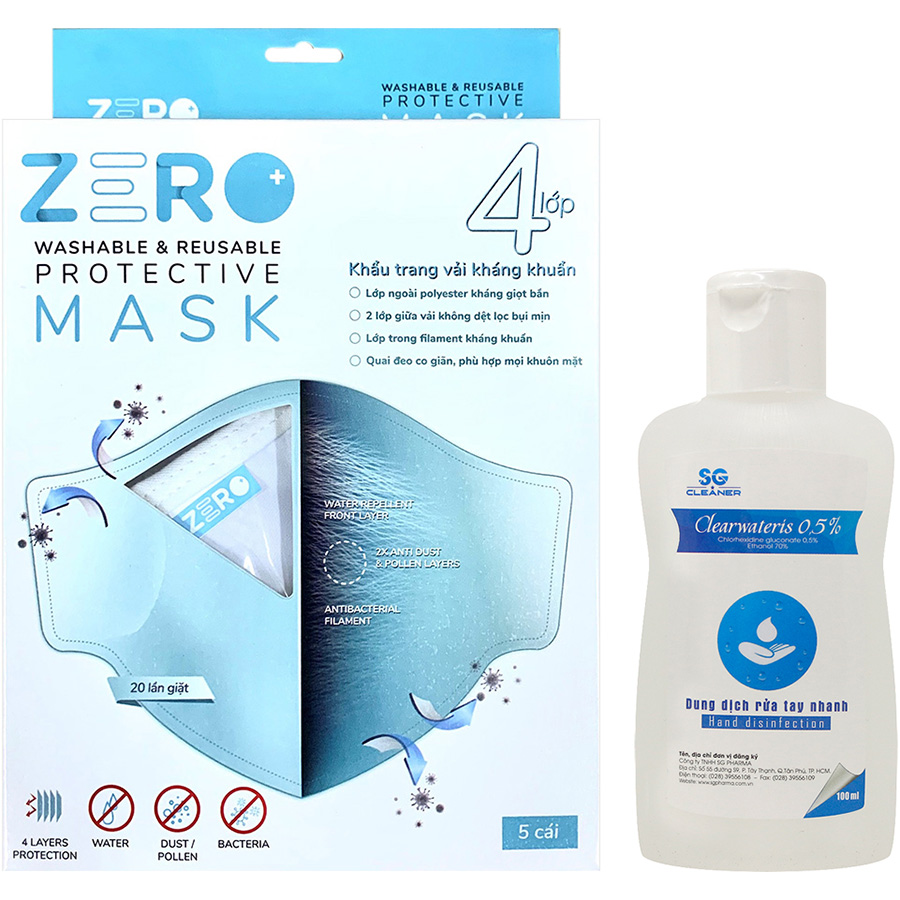 Combo Khẩu Trang Zero+ 2 Chiếc + Gel Rửa Tay Clearwateris 100ml