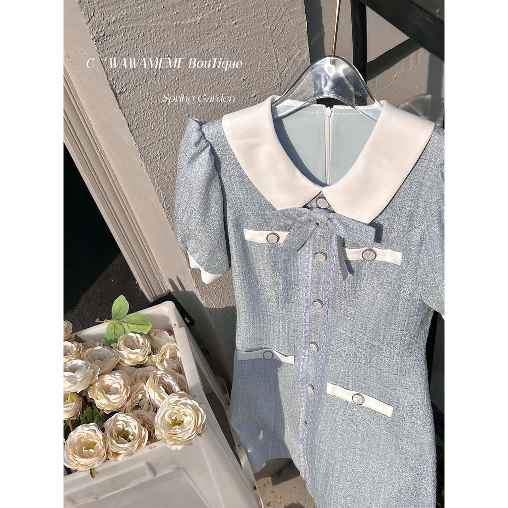 Đầm váy bố tiểu thư xanh sữa cổ bèo cột nơ tay phồng dáng suông nút bọc đi học sinh viên bigsize công sở dạo phố đi biển
