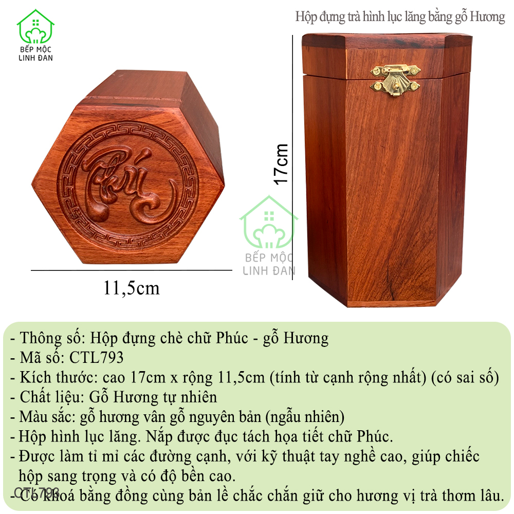 Hộp Đựng Chè Bằng Gỗ Hương HAHANCO Chạm Khắc Nổi Chữ Phúc [CTL793]