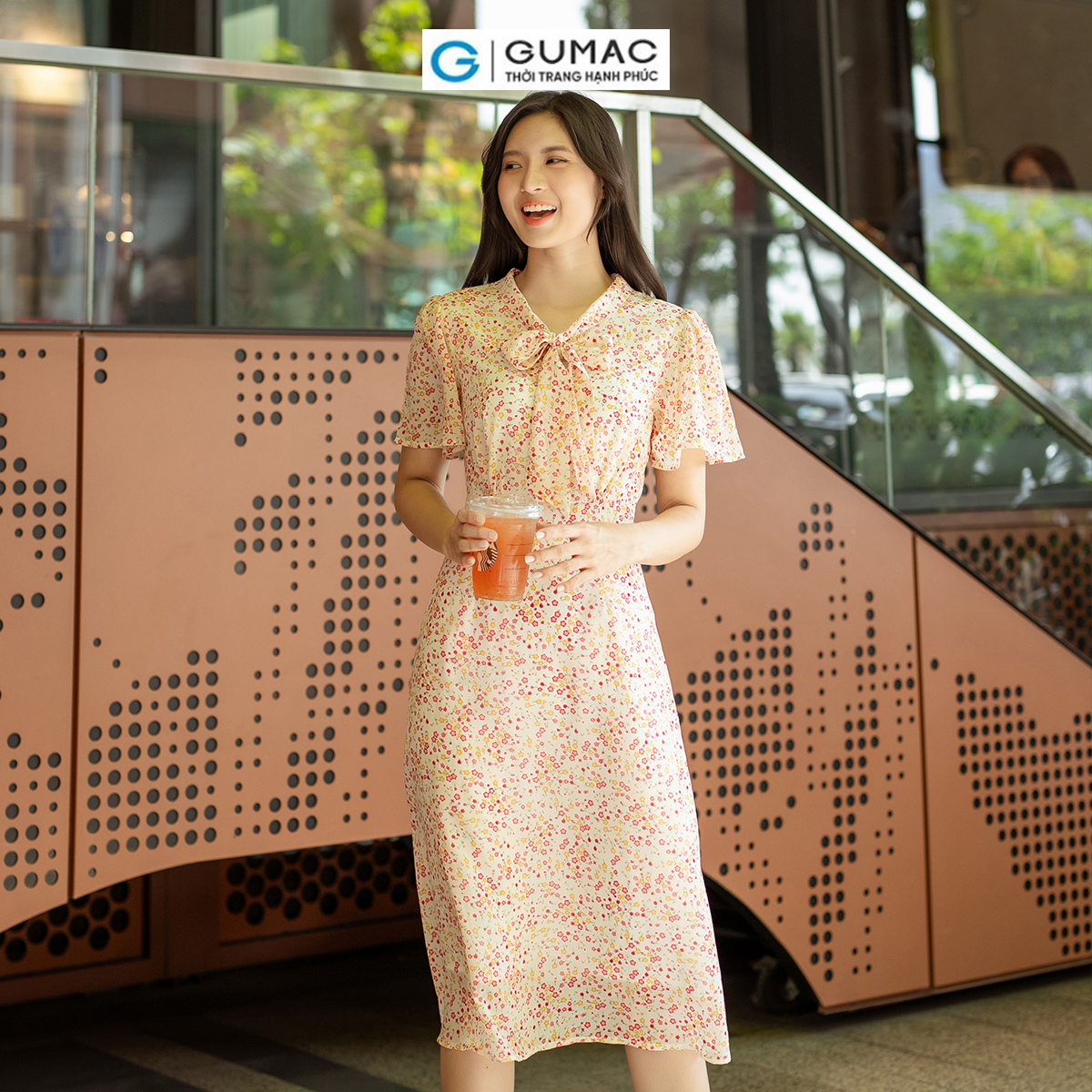 Đầm A họa tiết hoa phối nơ thanh lịch nữ tính thời trang GUMAC DD07064