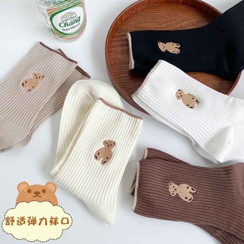 Set 10 đôi Tất cổ cao, vớ cổ cao nữ họa tiết hình gấu vải len tăm co giãn thời trang Hàn Quốc