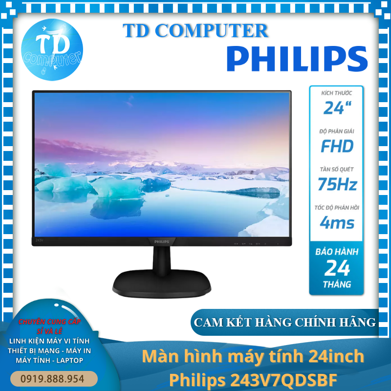 Màn hình máy tính 24inch Philips 243V7QDSBF (23.8&quot; FHD IPS, HDMI+VGA 75Hz) - Hàng chính hãng DGW phân phối