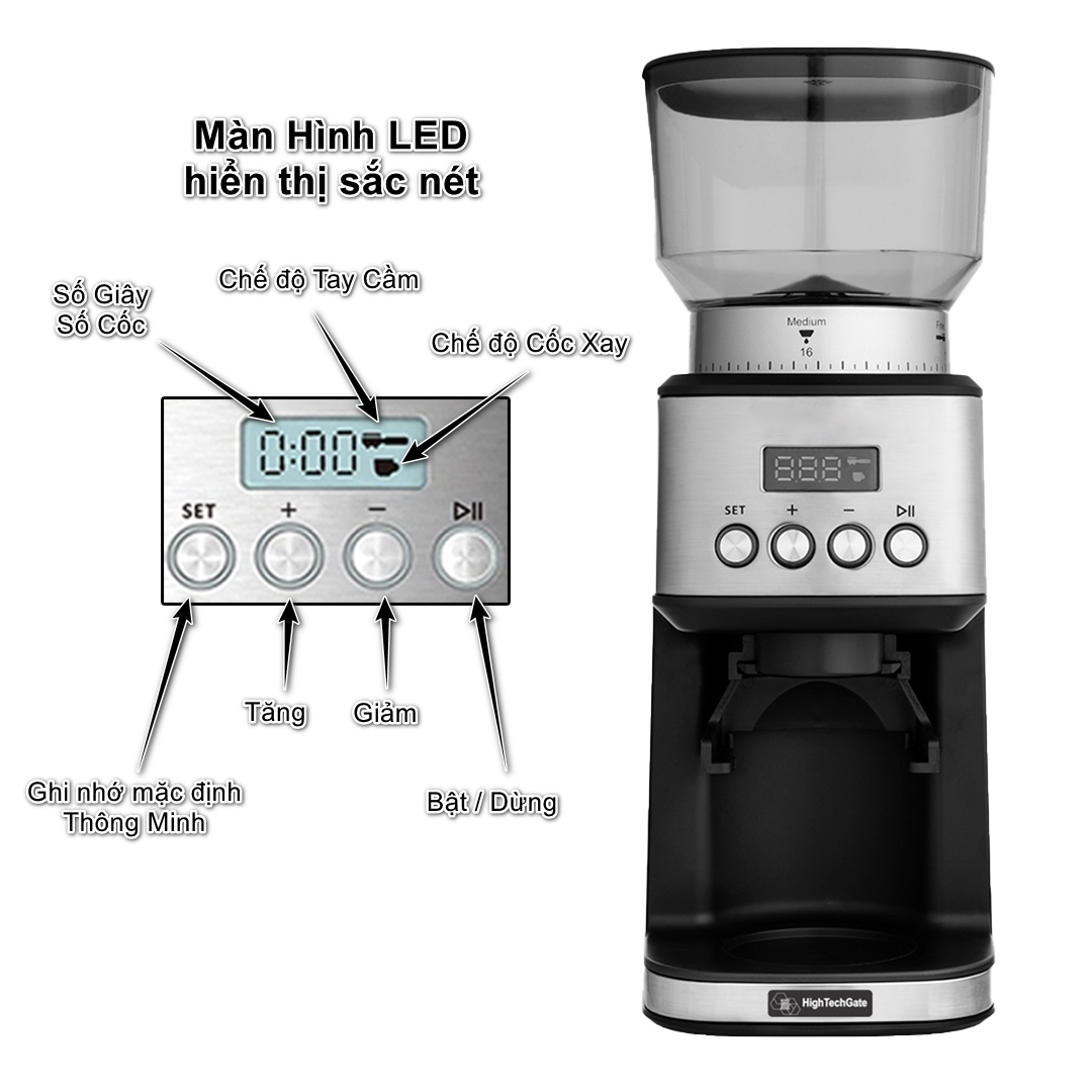 Máy Xay Cà Phê G5 HIGH TECH GATE CG05 Xay Hạt Cafe Pha Espresso, 31 Cấp Độ Xay Từ Thô Đến Mịn, Để Bàn Nhỏ Gọn, Giá Đỡ Tay Cầm 51mm và 58mm Tiện Lợi, Hàng Chính Hãng