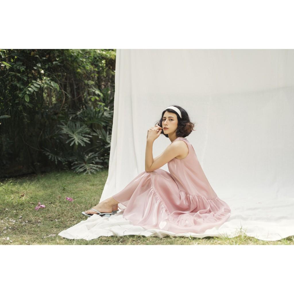 JOVEN - Đầm Organza Maxi 3 tầng sát nách hồng - SP00230