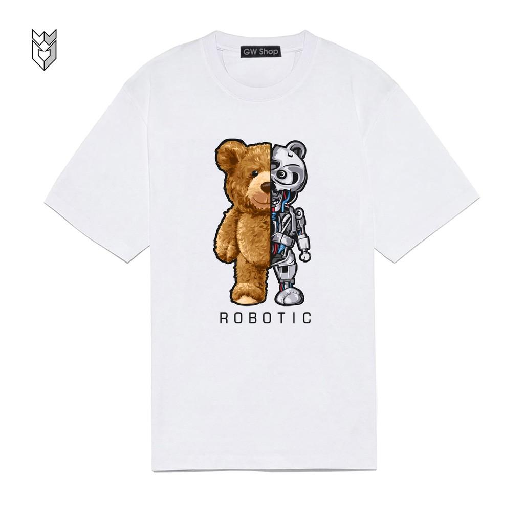 Áo thun tay lỡ Unisex form rộng in hình gấu Robo hot trend áo phông nam nữ vải cotton co dãn - GW Shop