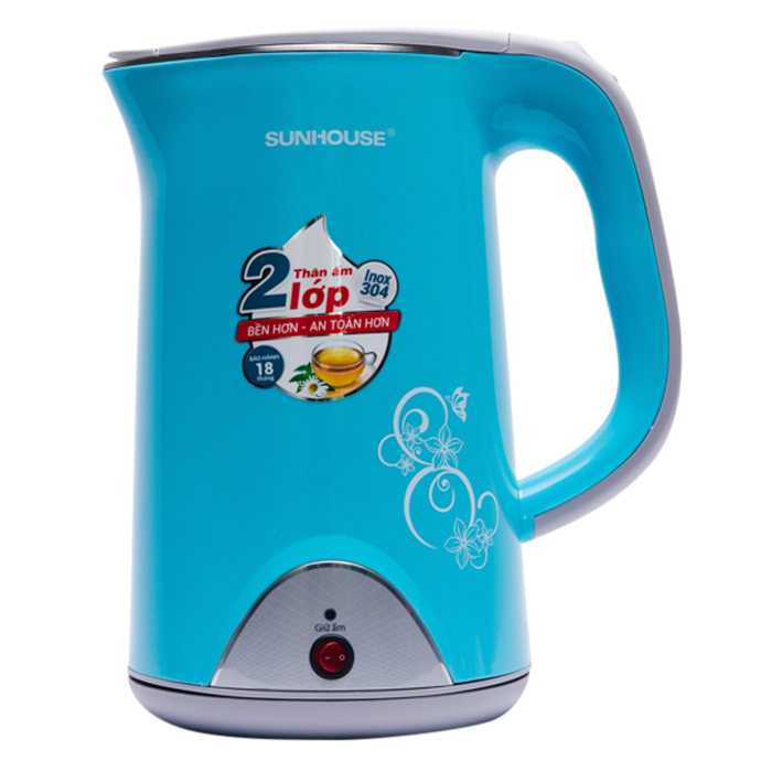 Ấm Đun Siêu Tốc Inox 2 Lớp Sunhouse SHD1388 - Xanh Nhạt - Hàng Chính Hãng