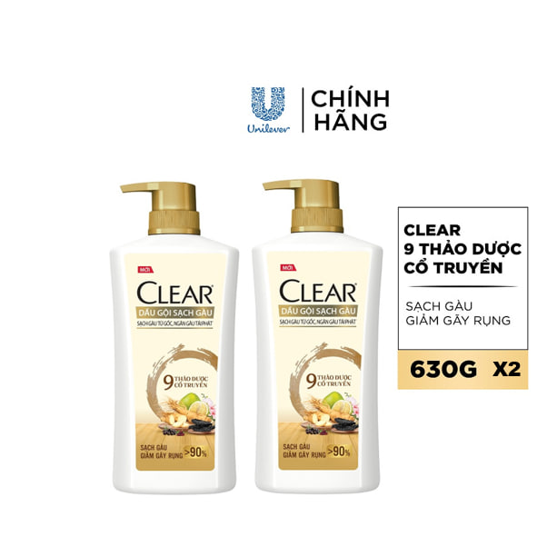Combo 2 Dầu Gội Clear 9 Thảo Dược Cổ Truyền Sạch Gàu Giảm Gãy Rụng 630G