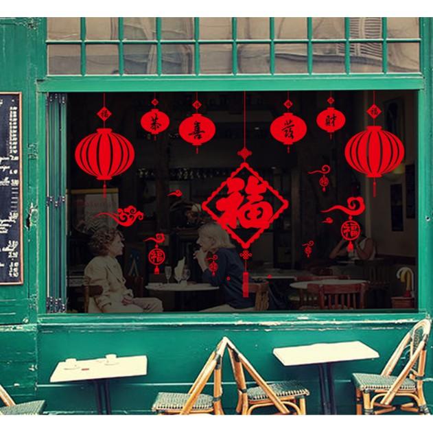 Decal trang trí tết - Bảng chữ lớn và lồng đèn đỏ nhí