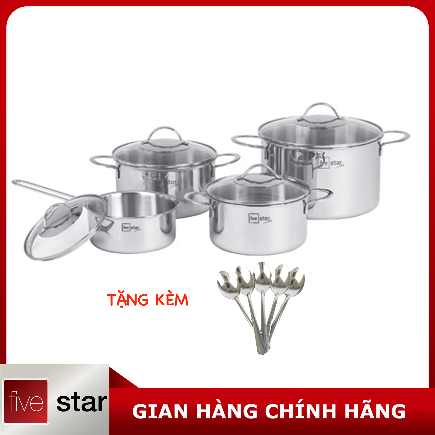 Bộ nồi 3 lớp đáy liền inox 304 cao cấp Fivestar Plus 4 món quai oval nắp kính , tặng 10 muỗng ăn