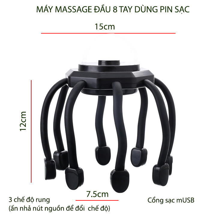 Máy rung massage đầu 8 tay thế hệ mới, sử dụng pin sạc, nhiều chế độ rung