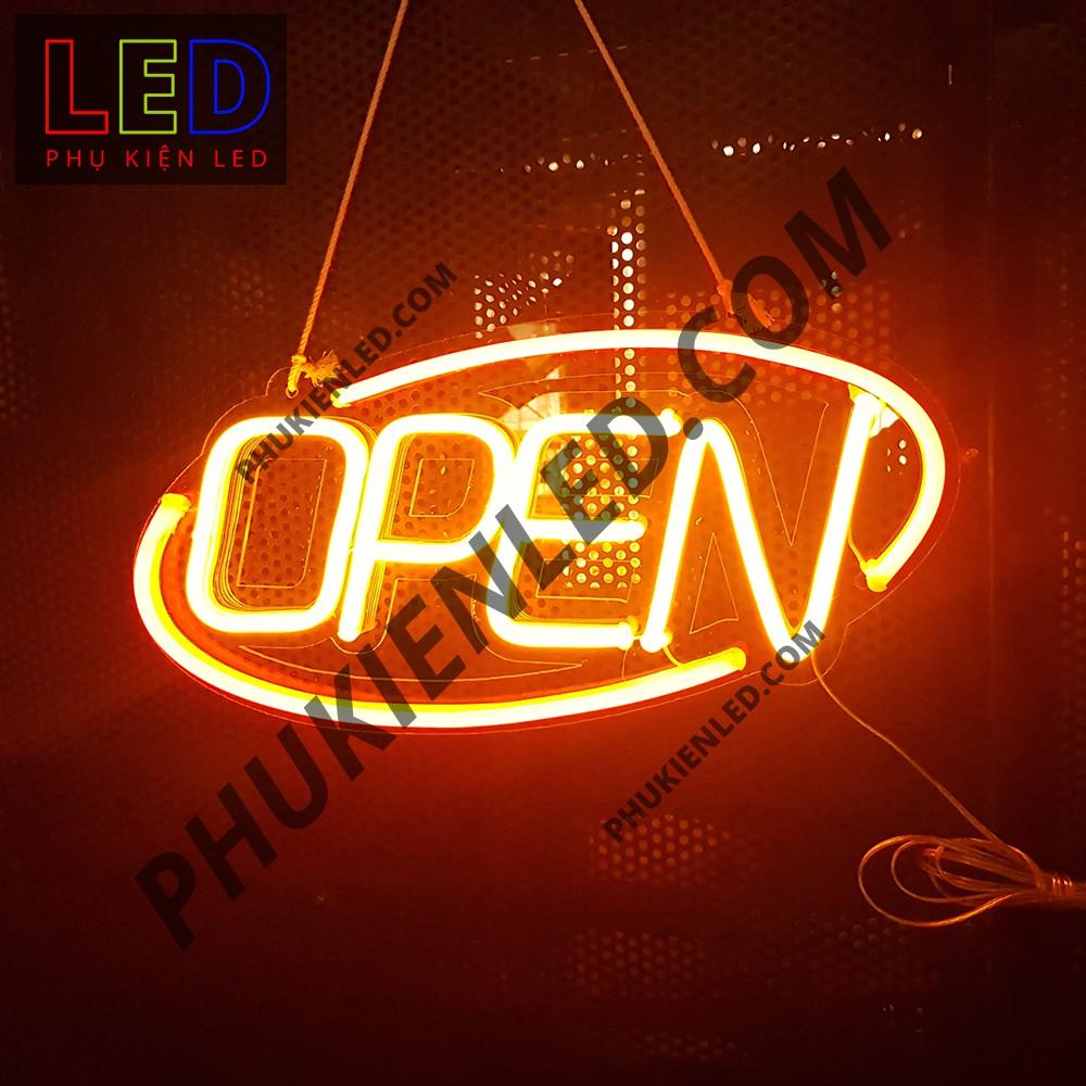 Đèn Led Neon Chữ Open hình oval - Open Len Neon Sign, Đèn Led Neon Open Trang Trí Cửa Hàng