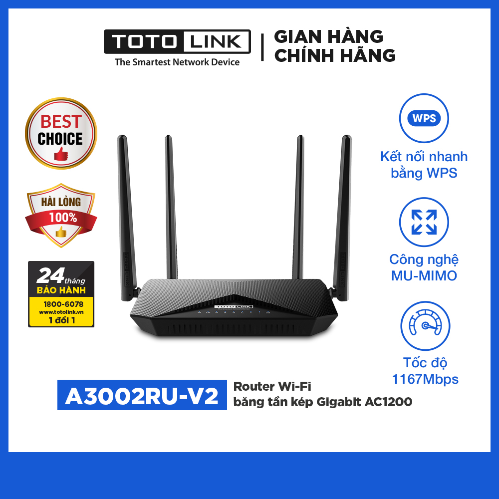 Router Wi-Fi băng tần kép Gigabit AC1200 Totolink A3002RU-V2 Hàng Chính Hãng