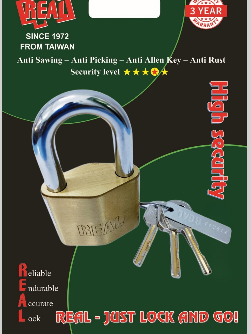 RL8710-01 Khóa treo Real hình thoi 55mm bằng đồng thau sơn bóng màu thau, chống cưa, chống trộm