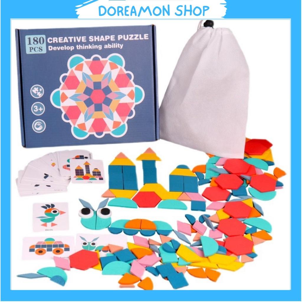 Đồ chơi ghép hình tư duy - xếp hình Tangram, ghép hình Patern Block theo thẻ 180 chi tiết bằng gô cho bé.