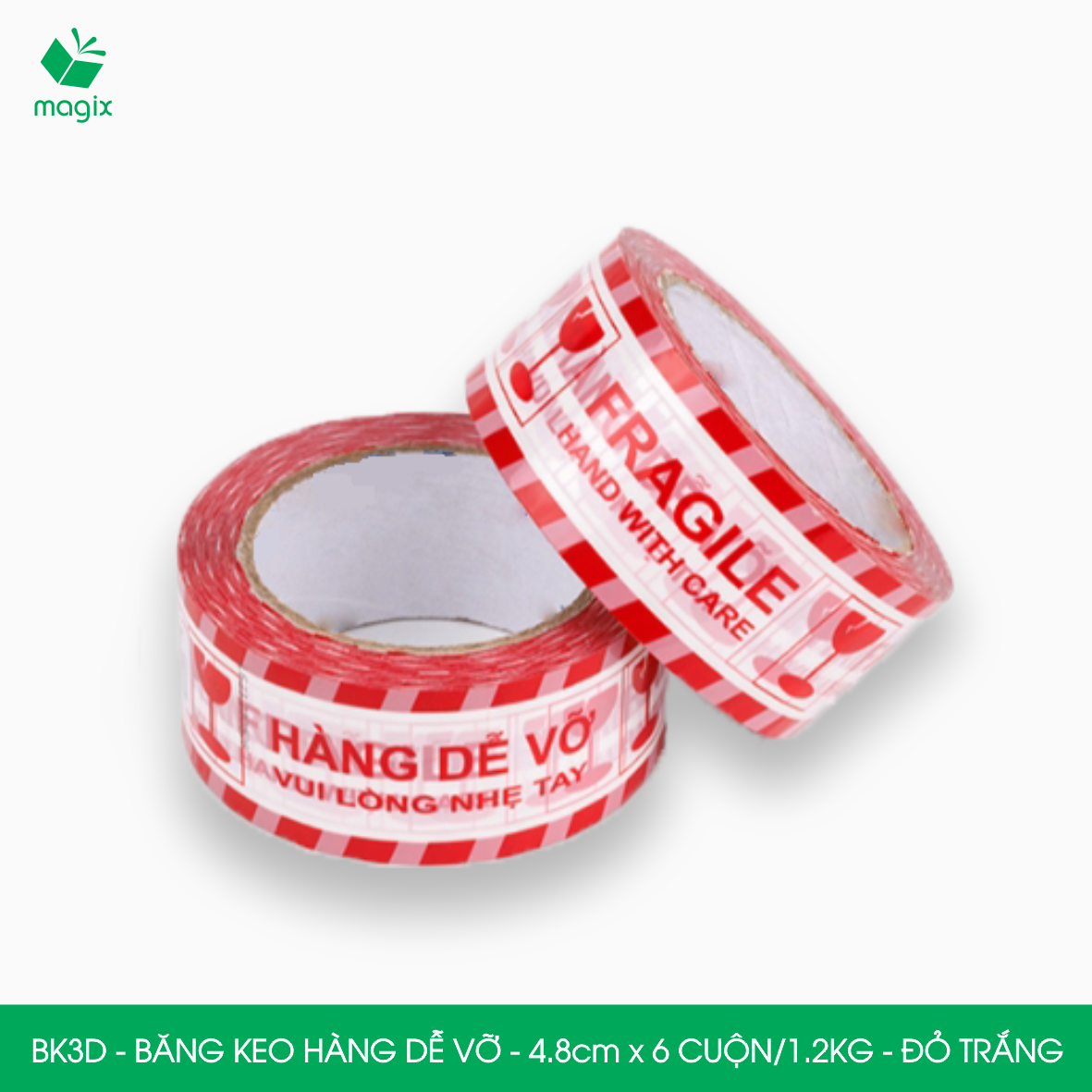 BK3D - Băng keo HÀNG DỄ VỠ màu đỏ trắng khổ 4.8 cm - Băng dính niêm phong - 3 cuộn