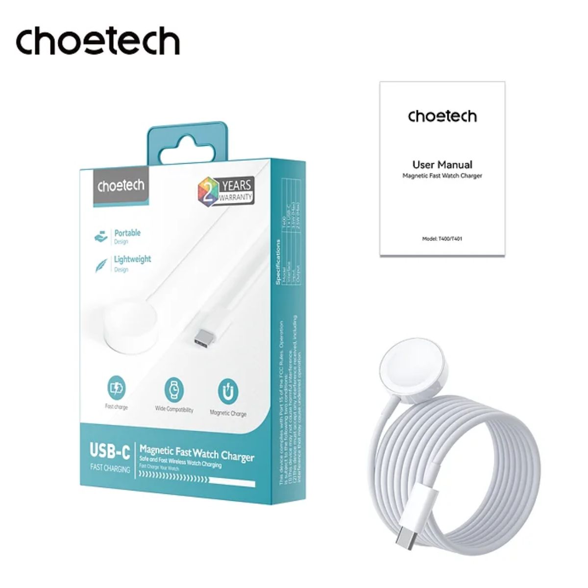 Dây sạc đồng hồ thông minh Type C Choetech T400 công suất 3W dài 1M (Hàng chính hãng)