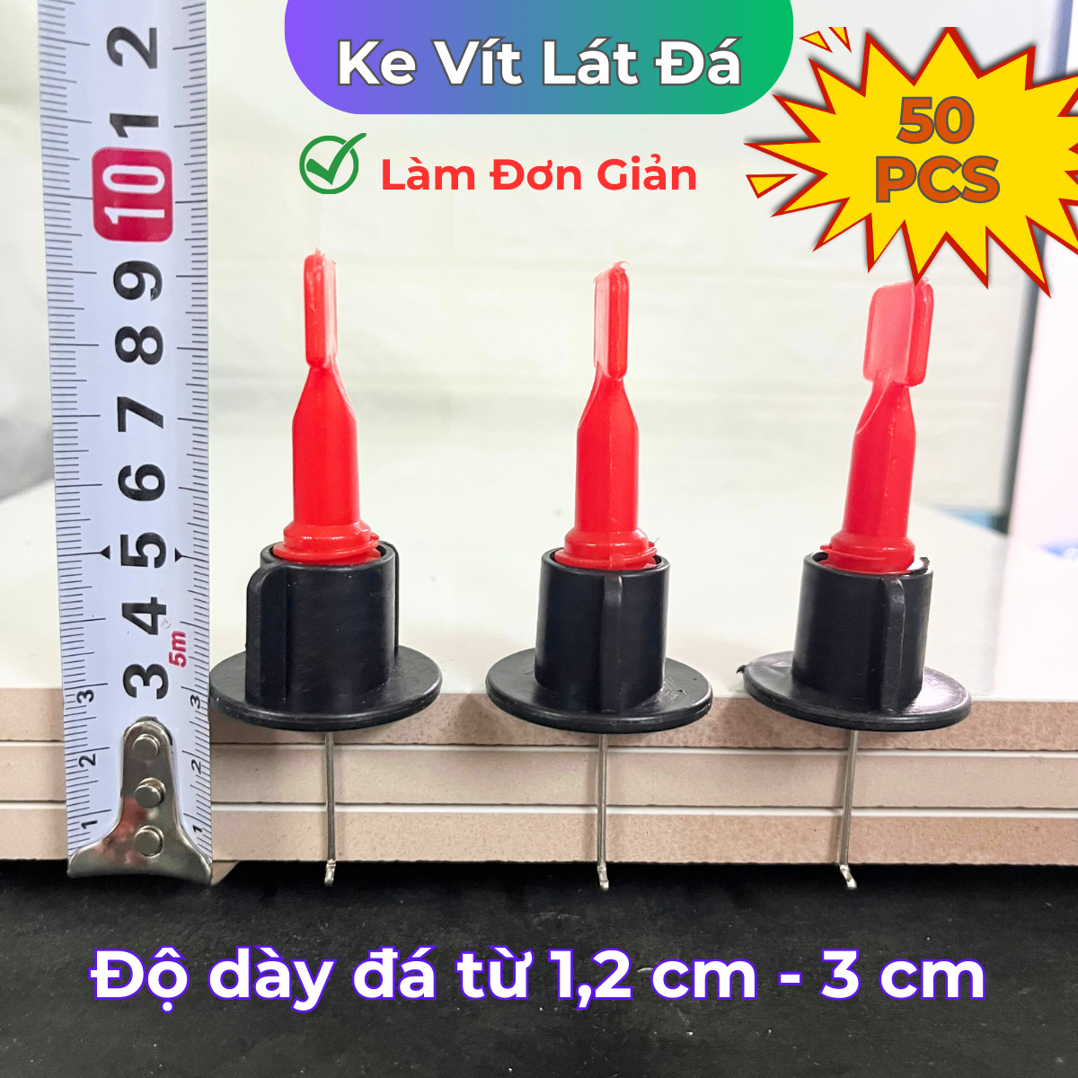 Ke Vít Lát Đá Dày Từ 1,2cm-3cm - Ke Vít Cân Bằng Gạch Đá Mạch Từ 1,5mm - Ke Cân Bằng Tái Sử Dụng Được Nhiều Lần - Gói 50 Chiếc Kèm Cờ Lê