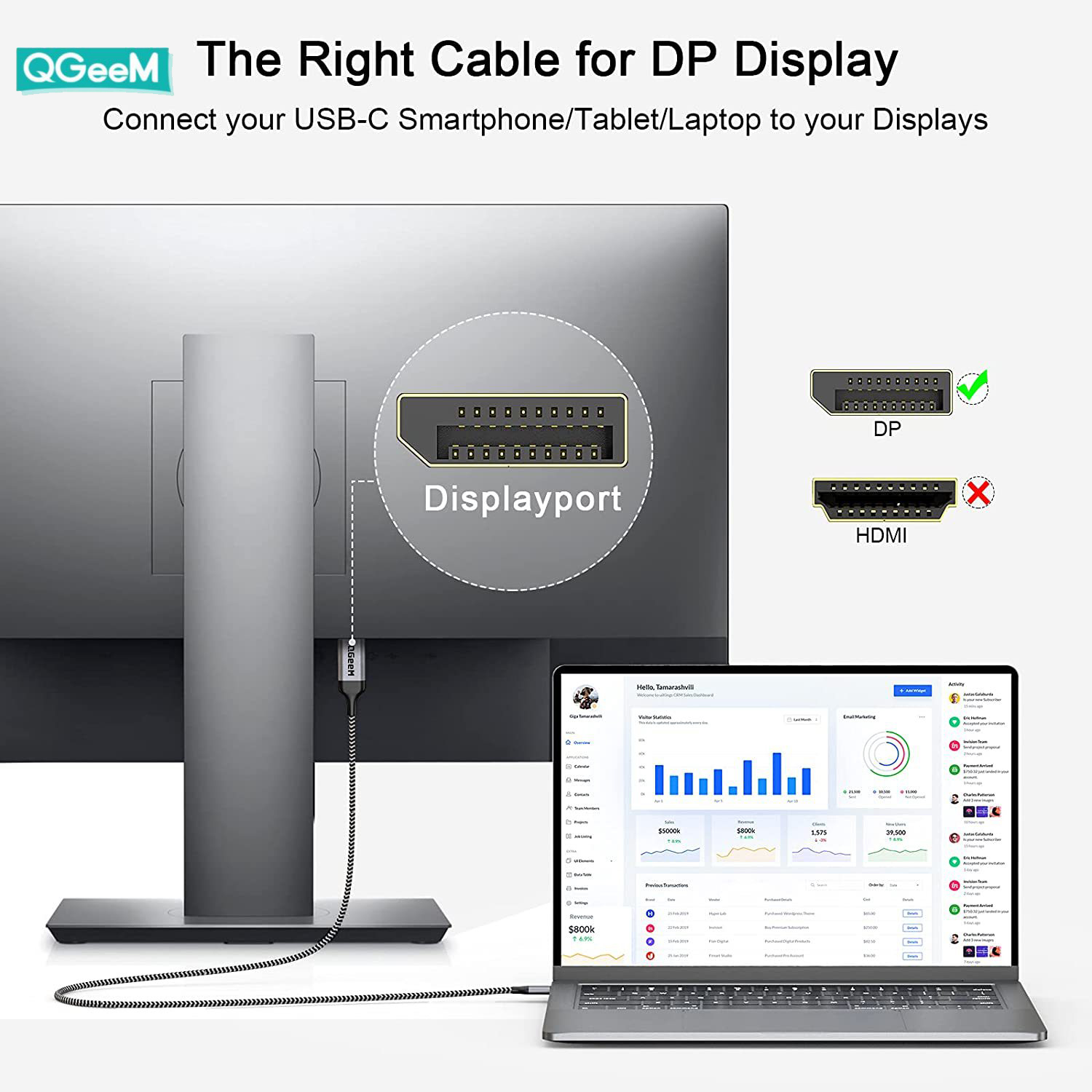 Cáp chuyển đồi Type c sang DisplayPort 4k@60Hz QGeem dài 1,8m dây bện dù cao cấp tương thích cao - Hàng nhập khẩu