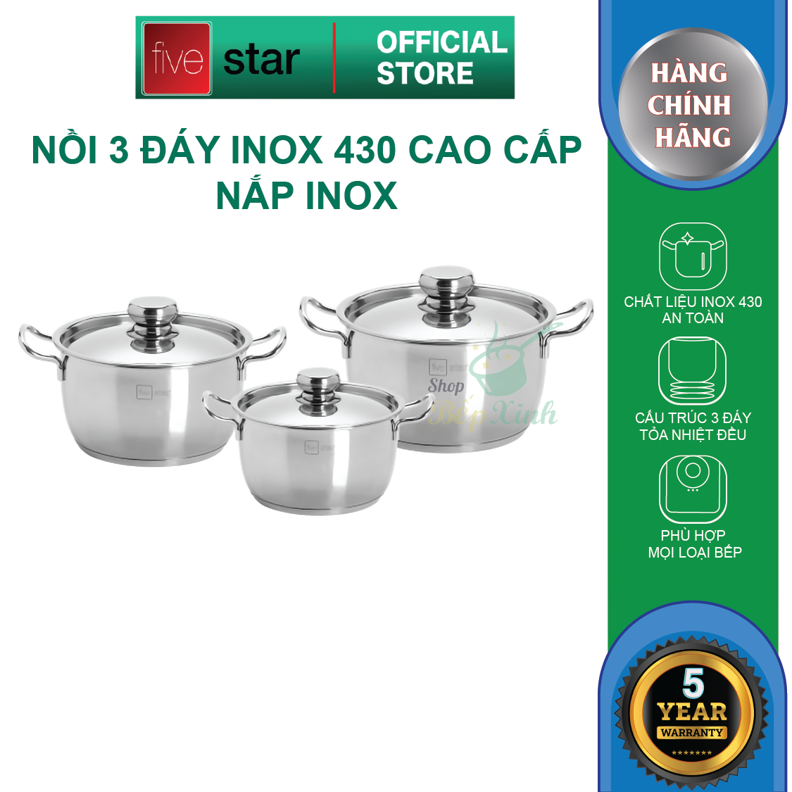 Bộ nồi inox 430 Fivestar Standard nắp inox FS-B3010 , tặng 1 vá canh