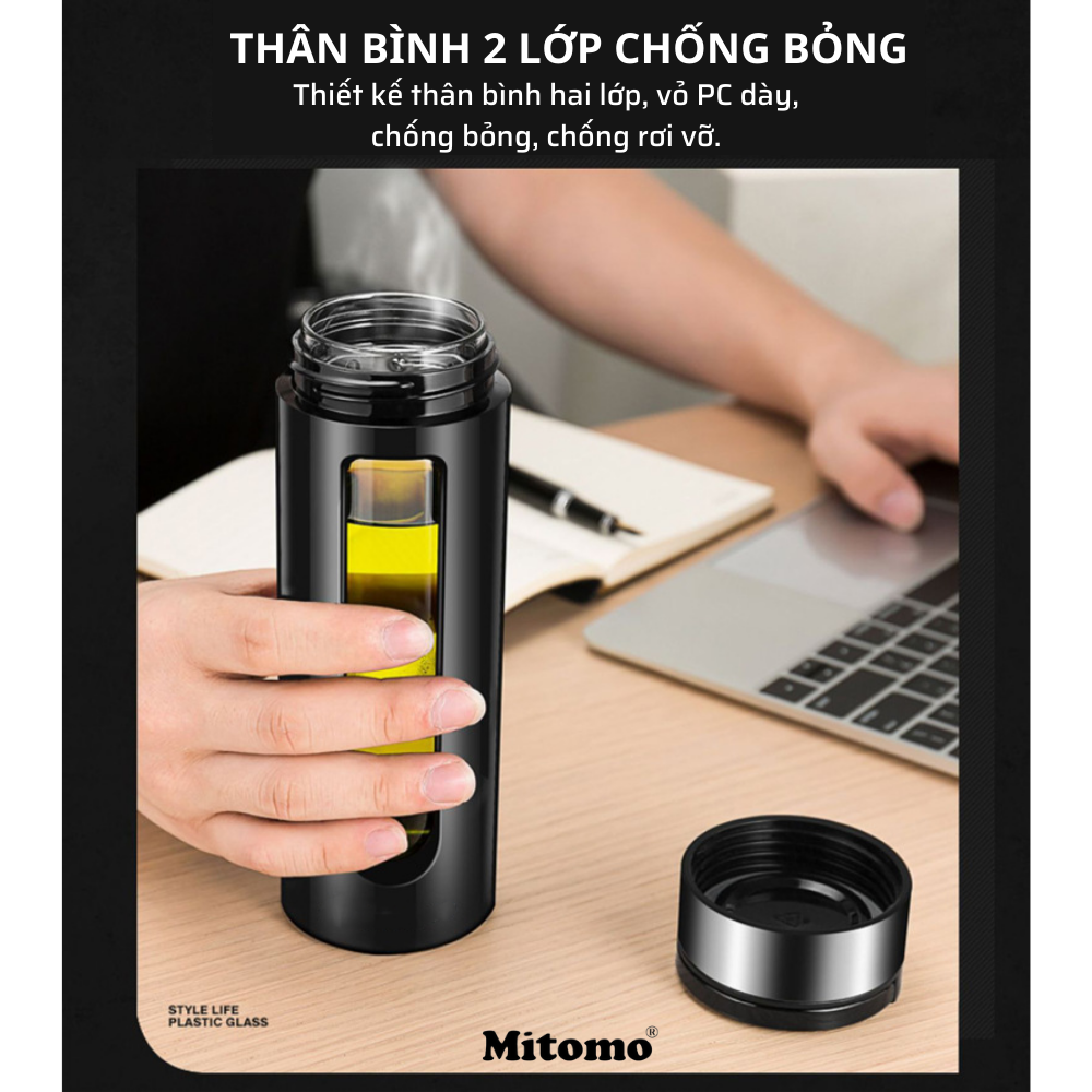 Bình pha trà, bình pha cà phê thủy tinh 2 lóp cao cấp Mitomo BGH-0509, 550ml có lõi lọc trà inox 304 - Hàng chính hãng