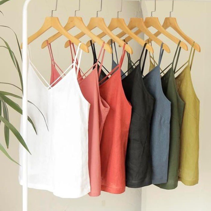 Áo 2 dây Linen tưng gân cổ tim dây đan chéo, chất vải Linen gân mềm mát thích hợp mùa hè