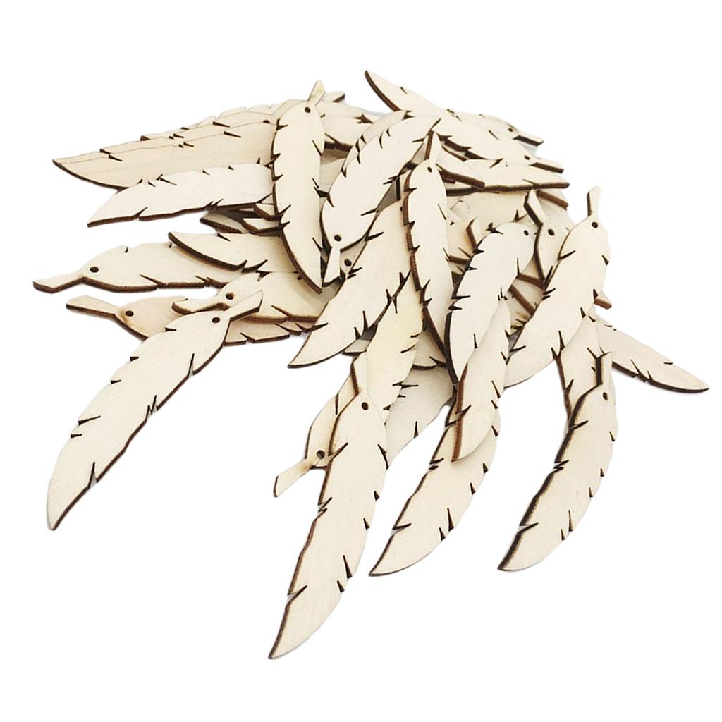 50pcs Natural Unfinished Wood Feather with Hole for DIY Pendants Ornament