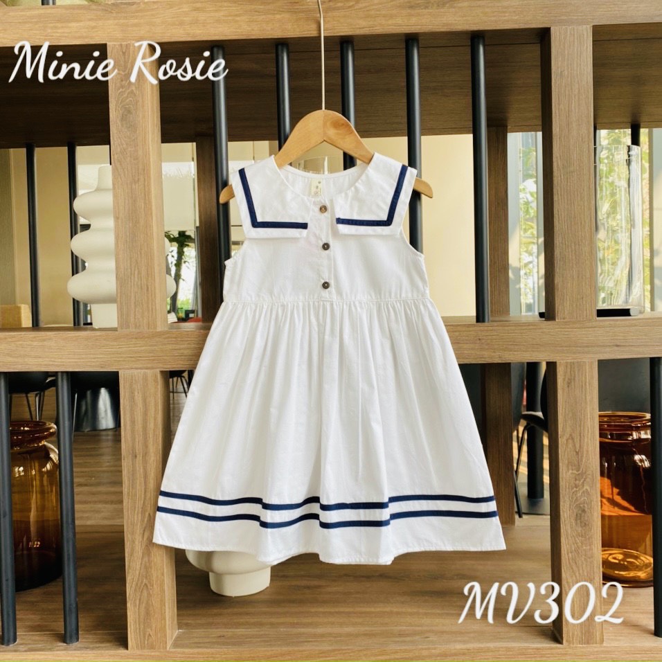 Váy trắng bé gái 1-11 tuổi sát nách Roisie, Đầm thủy thủ cho bé hàng thiết kế chất thô mềm siêu xịn sò thoáng mát