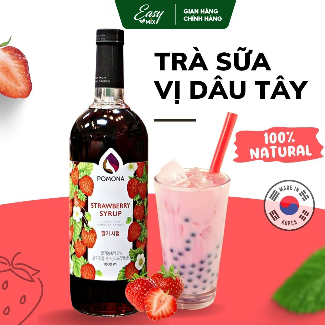 Siro Dâu Tây POMONA Strawberry Syrup Nguyên Liệu Pha Chế Hàn Quốc Chai Thủy Tinh 1 lít