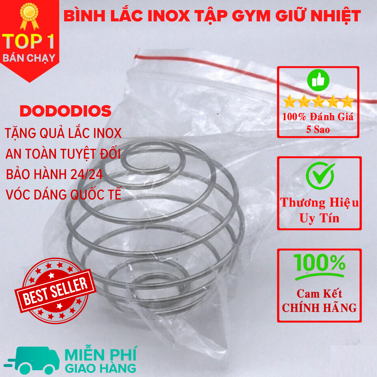 [Loại Cao Cấp - Giữ Nhiệt - Inox 304] bình lắc gym, bình lắc shaker, bình nước thể thao inox giữ nhiệt + kèm quả lắc Lò Xo - Hàng chính hãng DoDoDios