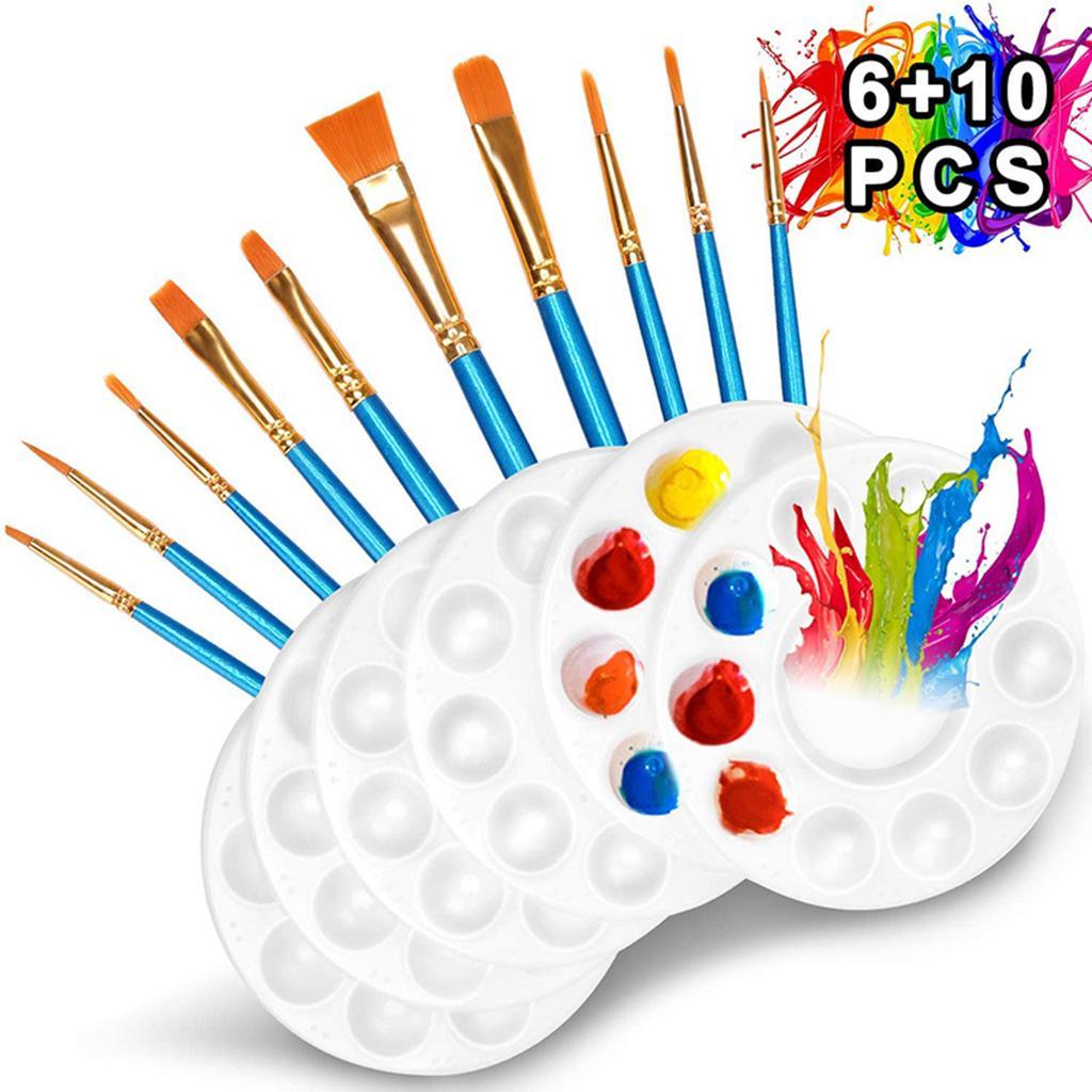 10Pcs Premium Artist Paint Brush Set Professional Brush Watercolor Acrylic Oil Painting DIY Art Tools with 6 Pcs Paint Tray Palette for Kids Adults