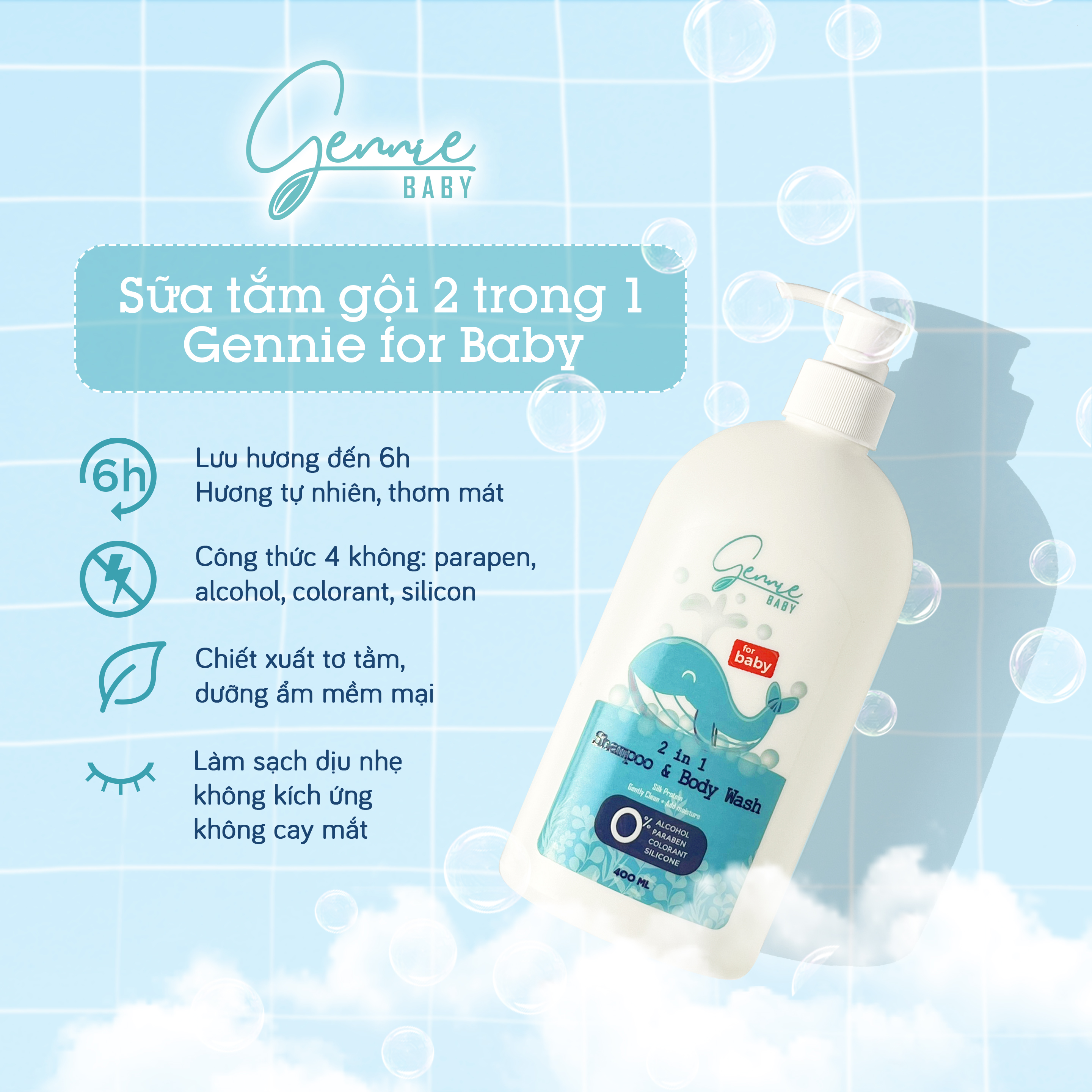 Sữa Tắm Gội 2in1 Gennie Baby Dành Cho Bé Sơ Sinh 400ml Chính Hãng