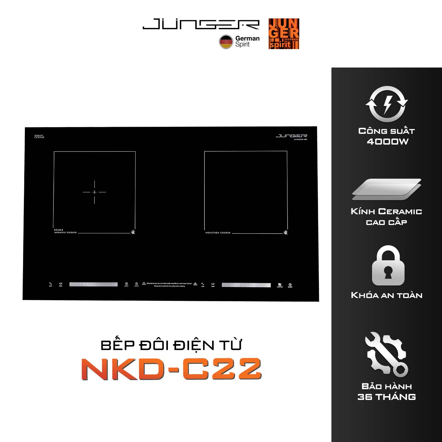 Bếp từ đôi JUNGER NKD-C22 4000W Tích hợp khóa phím an toàn Hàng Chính Hãng Bảo Hành 36 Tháng