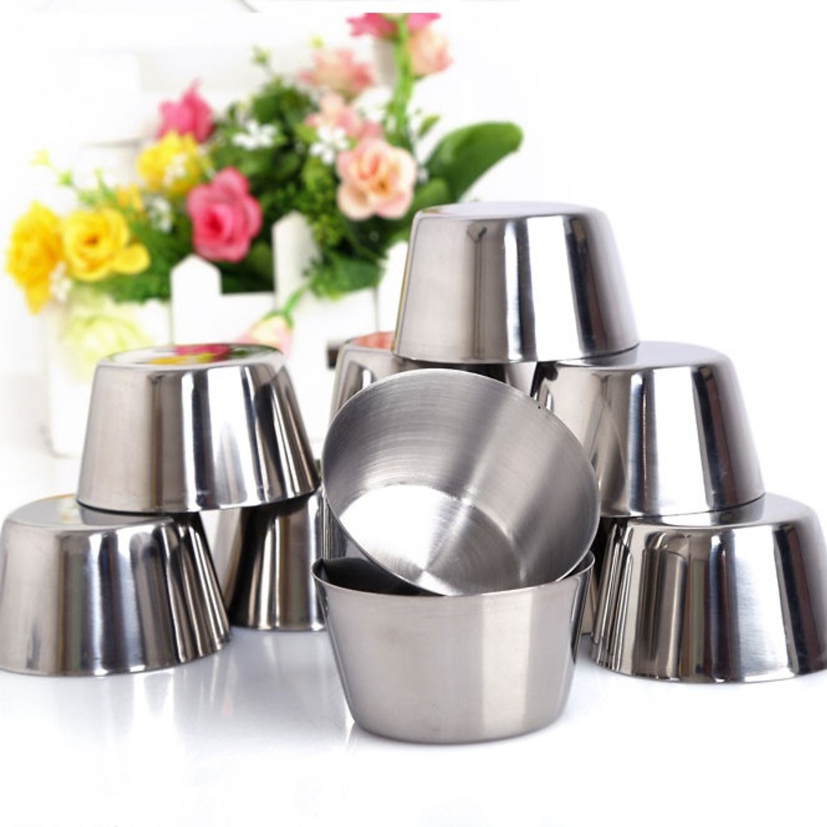 Bộ 10 Khuôn Làm Bánh Flan Inox 304 Làm Rau Cau Làm Đá Tiện Dụng